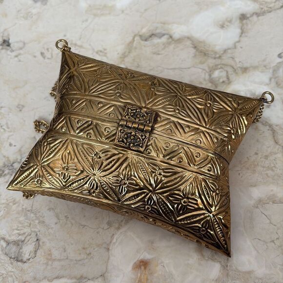 Brass Handcrafted Boho Pillow Shaped Evening Bag w/ Crossbody Chain Strap - Picture 4 of 15